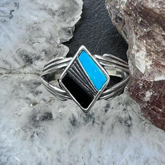 Carolyn Pollack Sterling Diamond Shape Turquoise & Onyx Inlay Ring For Women - Picture 6 of 10